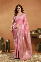 India Silk Pink Sarees Showcase A Rich Pallu Adorned With Intricate Zhallar Work Blending Traditional Craftsmanship